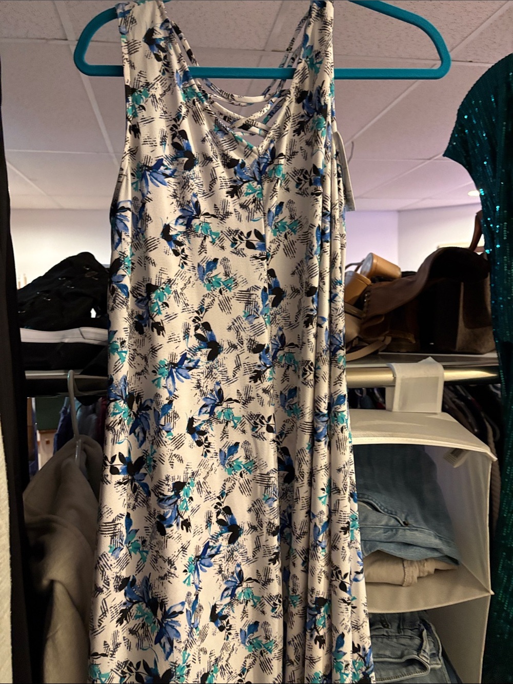 Apt. 9 White Maxi Dress with Blue and Teal Floral Print